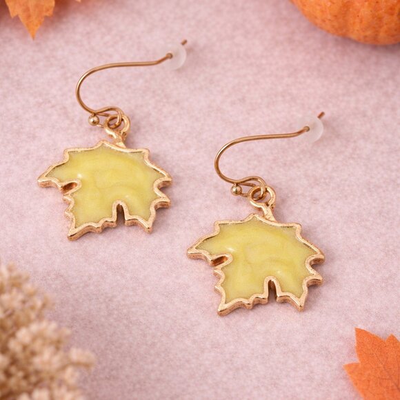 Hand Crafted Jewelry - Green Maple Leaf Dangle Earrings Enamel Gold Fall Thanksgiving Autumn
